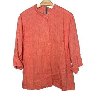 FLAX | Mandarin Collar Button Down Lightweight Shirt Orange Red Lagenlook